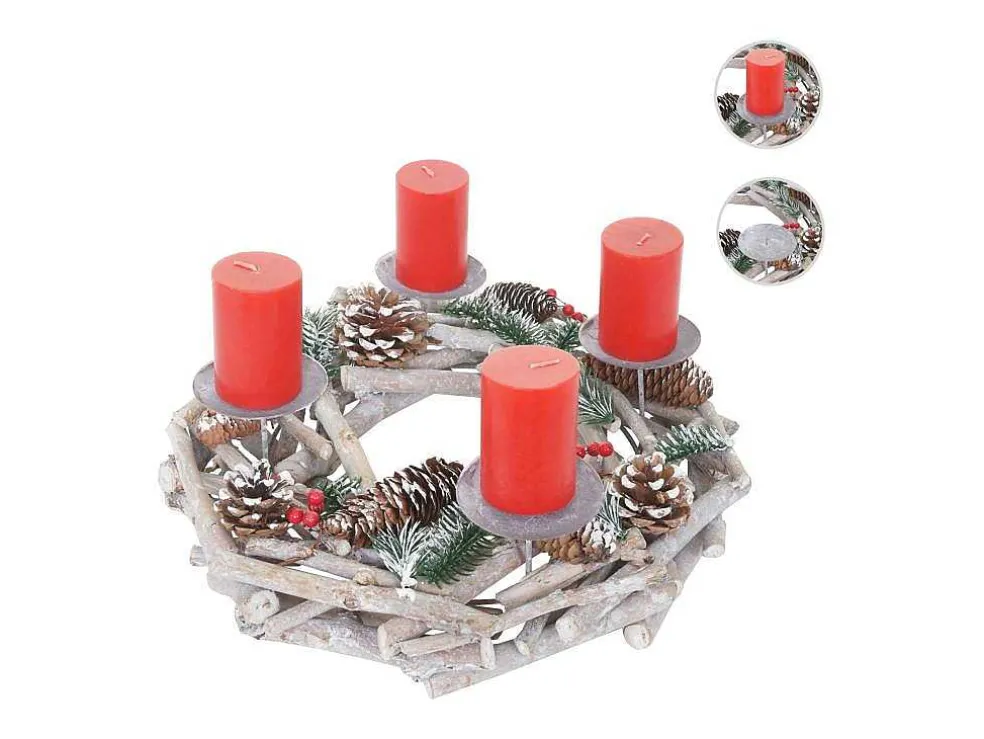 Adventskrans Rond Hout Zonder Kaarsen, Met Kaarsen, Rood