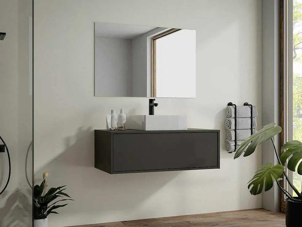 Antracietgrijs Hangend Badkamermeubel Met Enkele Wastafel - 94 Cm - Teana Ii