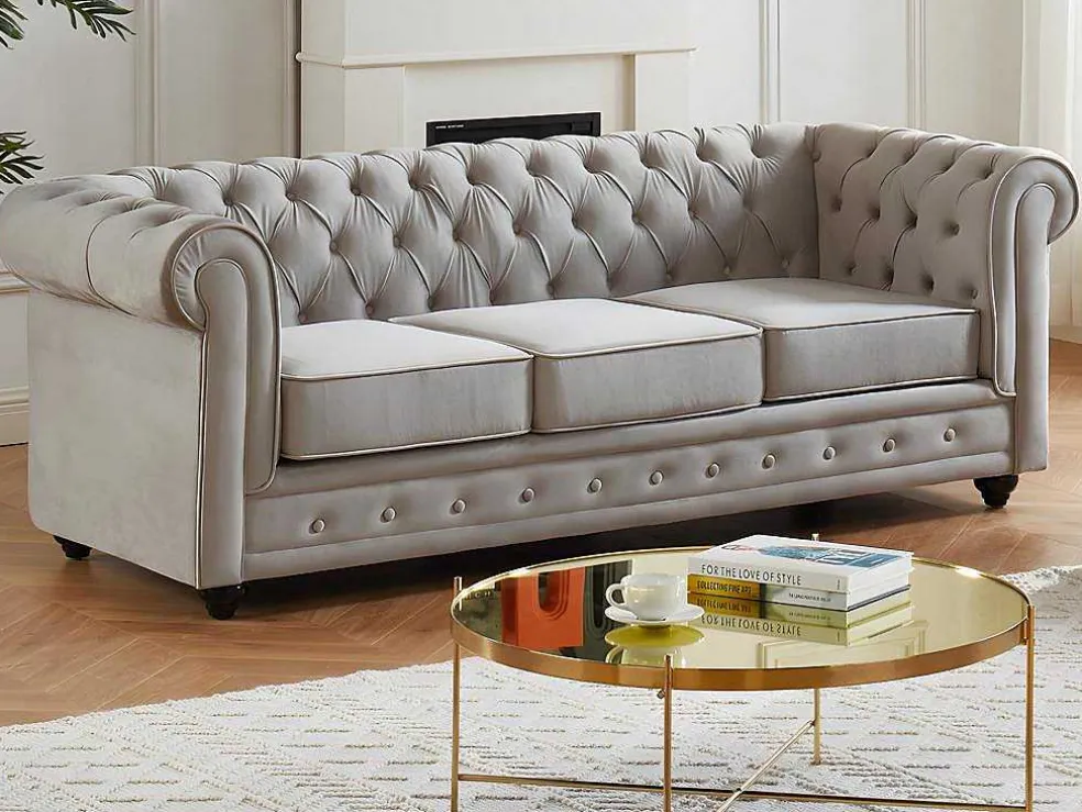 Bankstel Chesterfield - Fluweel - Lichtgrijs