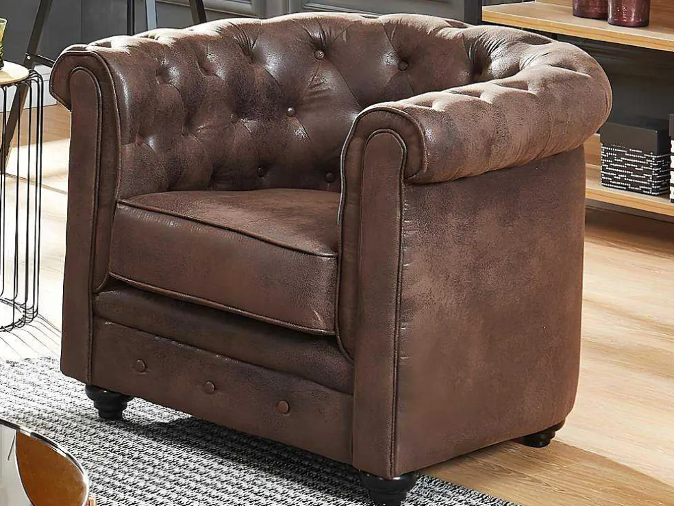 Bankstel En Fauteuil Chesterfield Van Microvezel Met Vintage Look