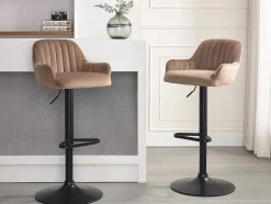 Barkruk Van Velours En Zwart Metaal - Verstelbare Hoogte - Beige - Eleana