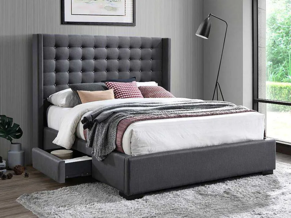Bed Gewatteerd Hoofdbord - Met Laden - 160 X 200 Cm - Stof Grijs - Leonce
