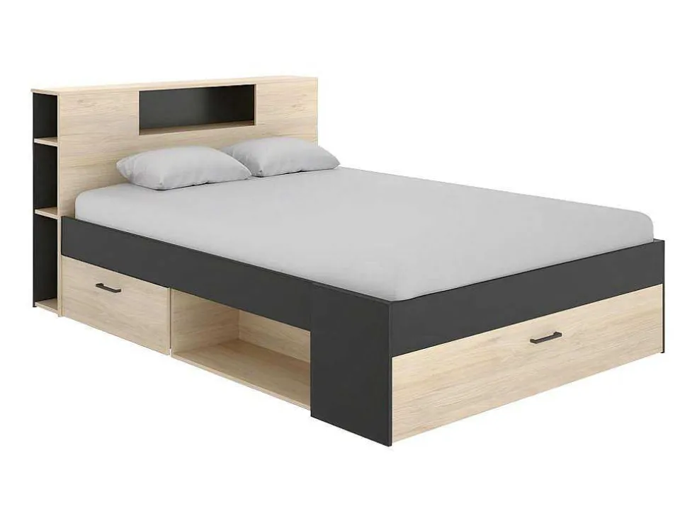 Bed Leandre Met Hoofdeinde, Opbergruimte En Lades - 160 X 200 Cm - Kleur: Eiken En Antraciet