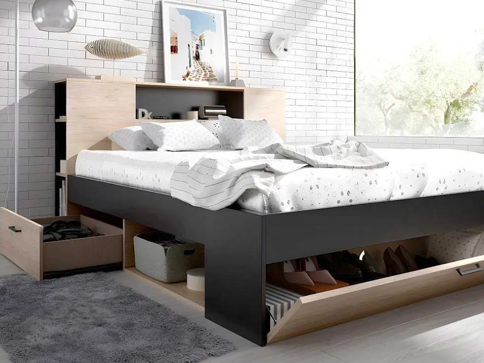 Bed Leandre Met Hoofdeinde, Opbergruimte En Lades - 160 X 200 Cm - Kleur: Eiken En Antraciet