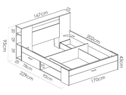 Bed Leandre Met Hoofdeinde, Opbergruimte En Lades - 160 X 200 Cm - Kleur: Eiken En Antraciet