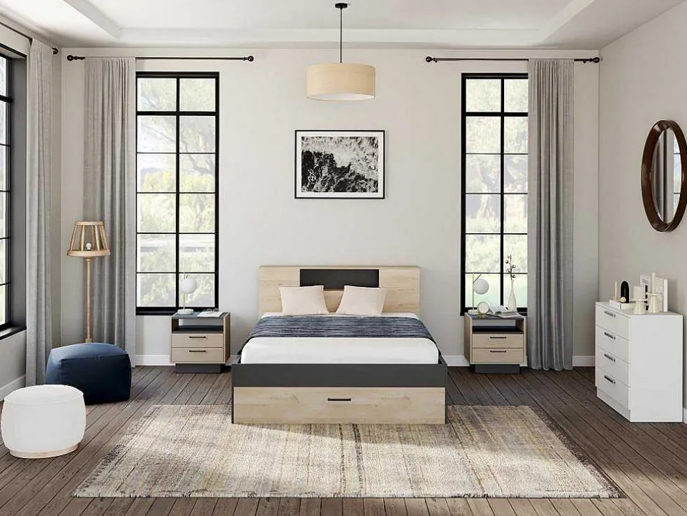 Bed Leandre Met Hoofdeinde, Opbergruimte En Lades - 160 X 200 Cm - Kleur: Eiken En Antraciet
