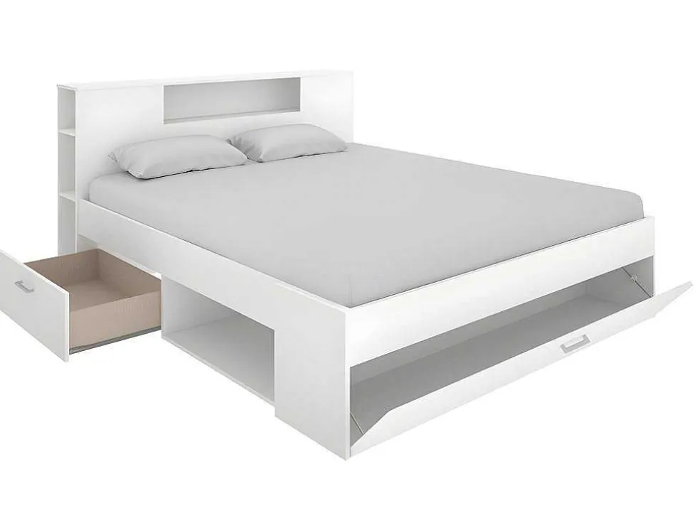 Bed Leandre Met Hoofdeinde, Opbergruimte En Lades - 140 X 190 Cm - Kleur: Wit