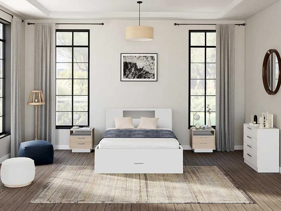 Bed Leandre Met Hoofdeinde, Opbergruimte En Lades - 140 X 190 Cm - Kleur: Wit