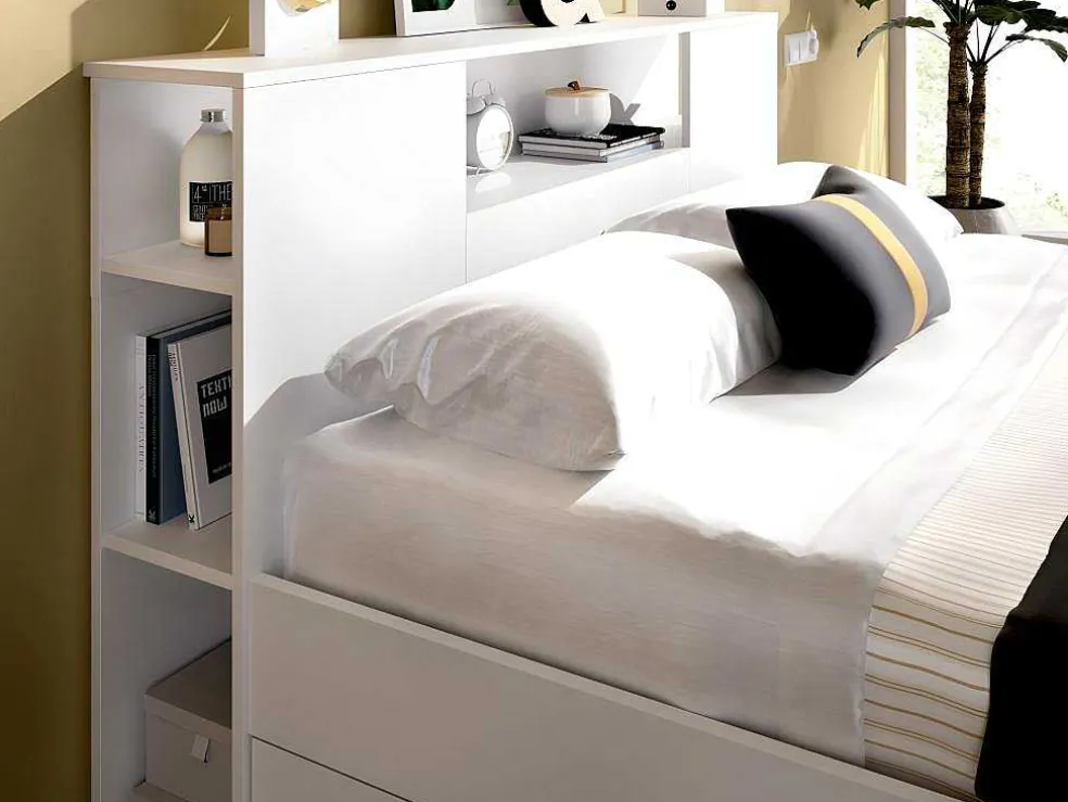 Bed Leandre Met Hoofdeinde, Opbergruimte En Lades - 140 X 190 Cm - Kleur: Wit