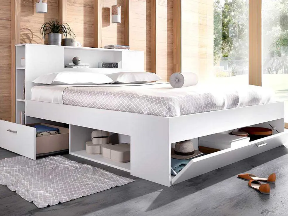 Bed Leandre Met Hoofdeinde, Opbergruimte En Lades - 160 X 200 Cm - Kleur: Wit