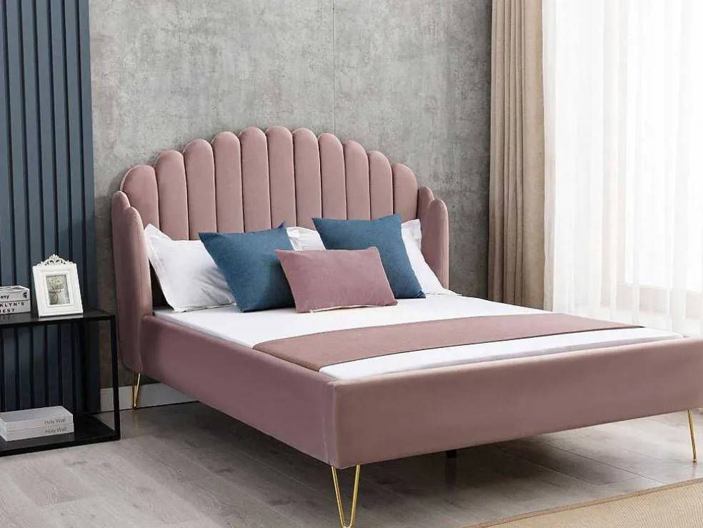 Bed Met Glooiend Hoofdeinde - 140 X 190 Cm - Fluweel - Oud Roze - Sagali