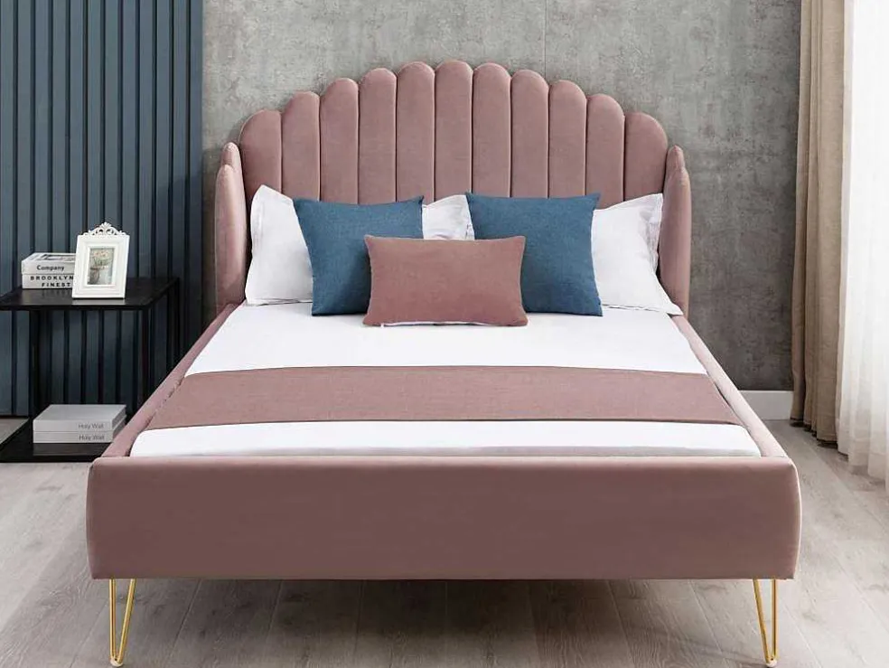 Bed Met Glooiend Hoofdeinde - 140 X 190 Cm - Fluweel - Oud Roze - Sagali