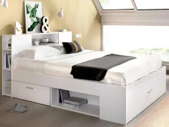 Bed Met Hoofdeinde Met Opbergruimte En Lades - 140 X 190 Cm - Kleur: Wit + Bedbodem + Matras - Leandre