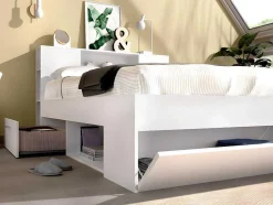Bed Met Hoofdeinde Met Opbergruimte En Lades - 140 X 190 Cm - Kleur: Wit + Bedbodem + Matras - Leandre