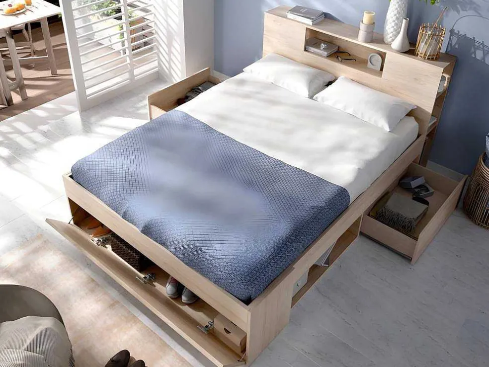 Bed Met Hoofdeinde, Opbergruimte En Lades - 160 X 200 Cm - Eikenkleur - Leandre