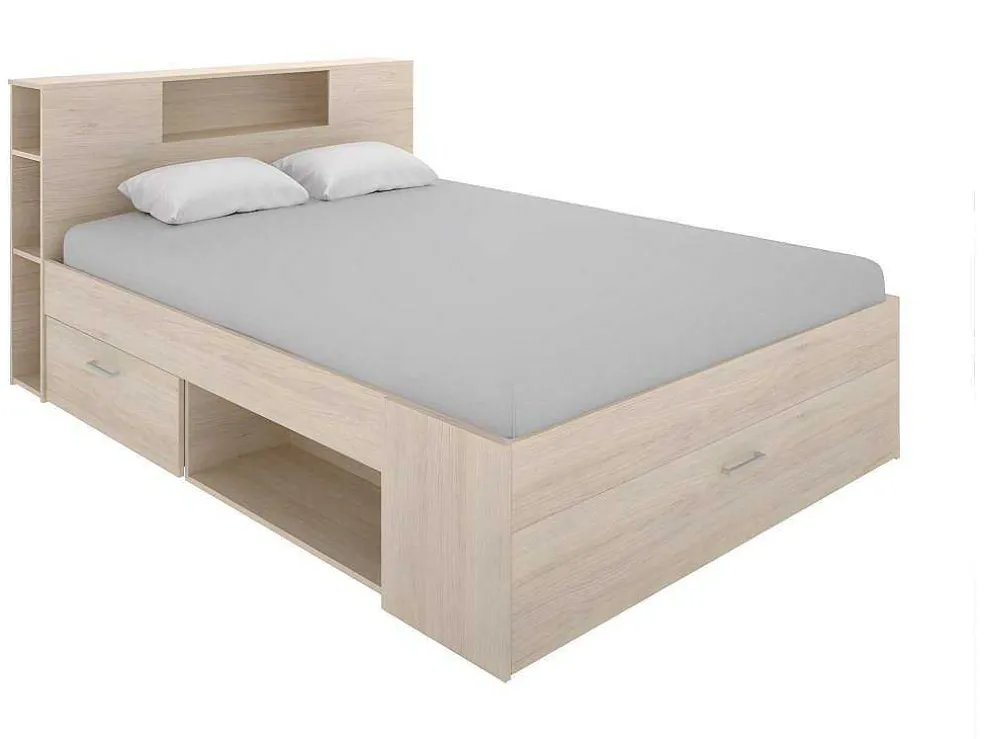 Bed Met Hoofdeinde, Opbergruimte En Lades - 160 X 200 Cm - Eikenkleur - Leandre