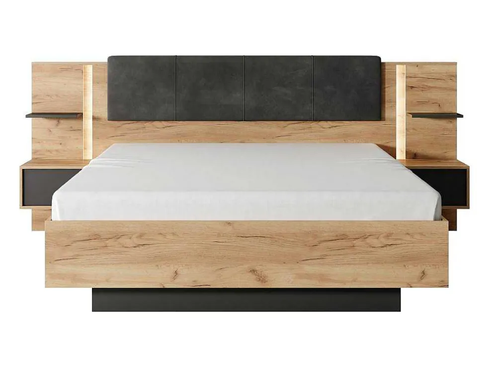 Bed Met Nachtkastjes 160 X 200 Cm - Met Ledverlichting - Kleur: Naturel En Antraciet - Elynia
