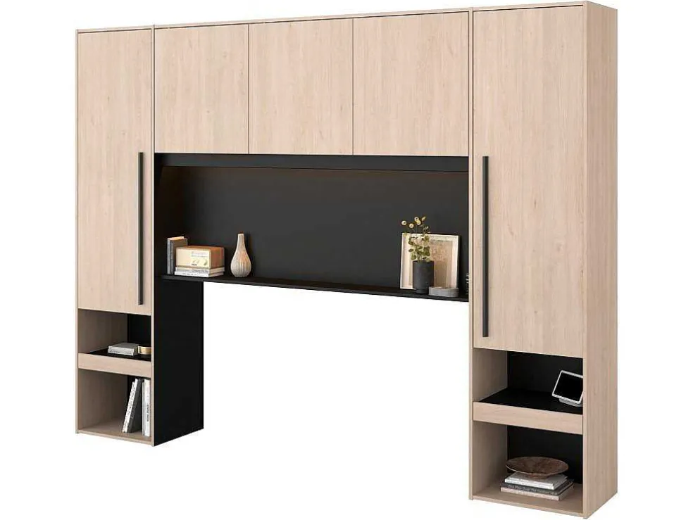 Bed Met Opbergruimte 160 X 200 Cm - Met Ledverlichting - Kleur: Naturel En Zwart + Bedbodem - Velona
