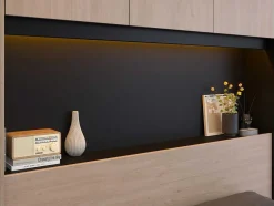 Bed Met Opbergruimte 160 X 200 Cm - Met Ledverlichting - Kleur: Naturel En Zwart + Bedbodem - Velona