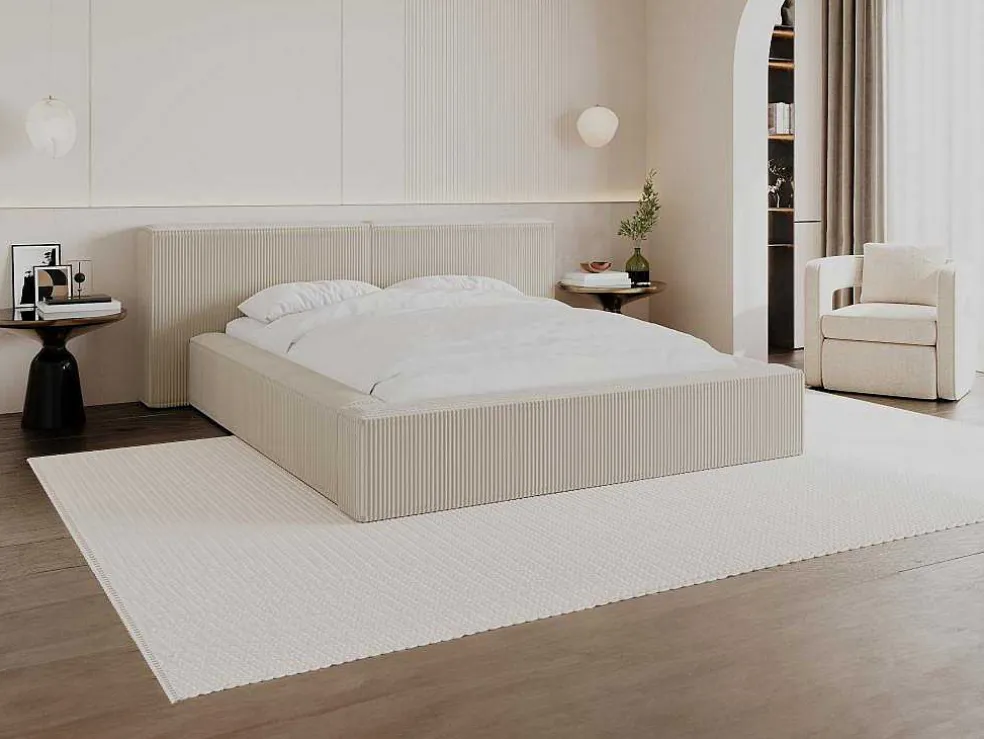 Bed Met Opbergruimte 180 X 200 Cm - Ribfluweel - Beige + Matras - Timano