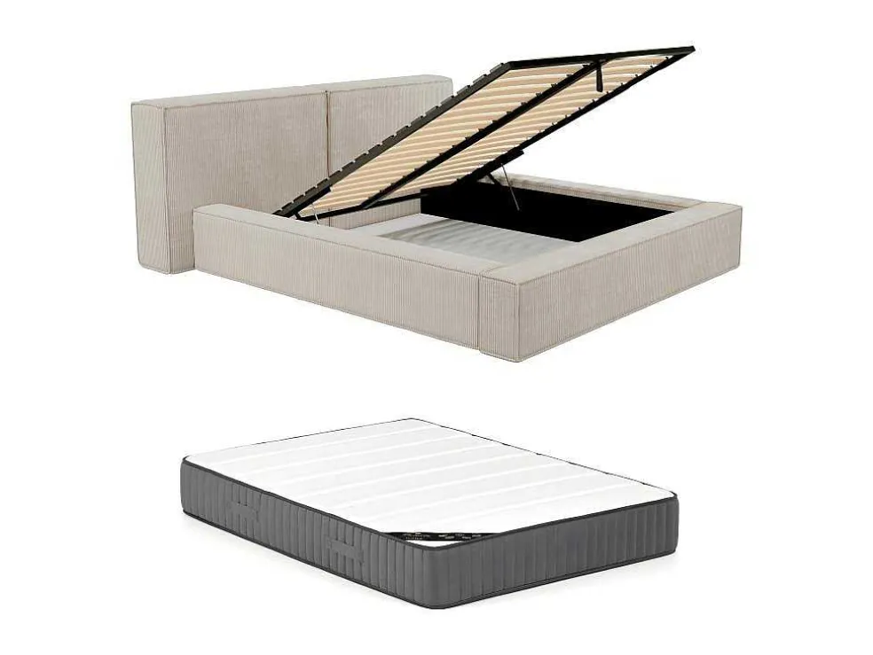 Bed Met Opbergruimte 180 X 200 Cm - Ribfluweel - Beige + Matras - Timano