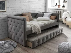 Bed Met Slaaplade Louise - 2 X 90 X 190 Cm - Grijze Stof + Matras