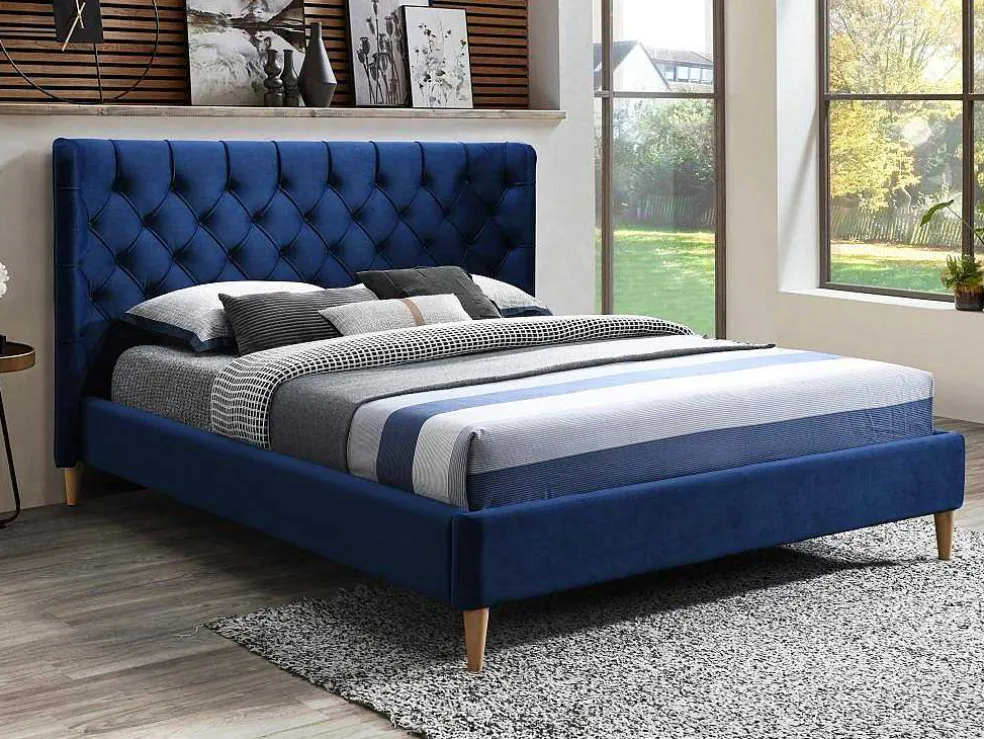 Bed 140 X 190 Cm Met Hoofdbord Met Capitonnage - Velours - Koningsblauw - Enodi