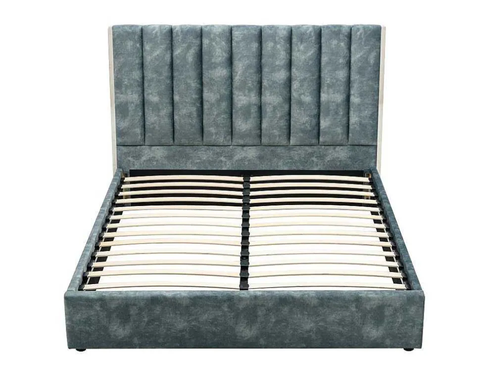 Bed 140 X 190 Cm Met Hoofdbord Met Verticale Stiksels - Velours - Groenblauw + Matras - Feroya