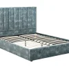Bed 140 X 190 Cm Met Hoofdbord Met Verticale Stiksels - Velours - Groenblauw - Feroya