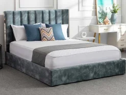 Bed 140 X 190 Cm Met Hoofdbord Met Verticale Stiksels - Velours - Groenblauw - Feroya