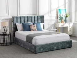 Bed 140 X 190 Cm Met Hoofdbord Met Verticale Stiksels - Velours - Groenblauw - Feroya