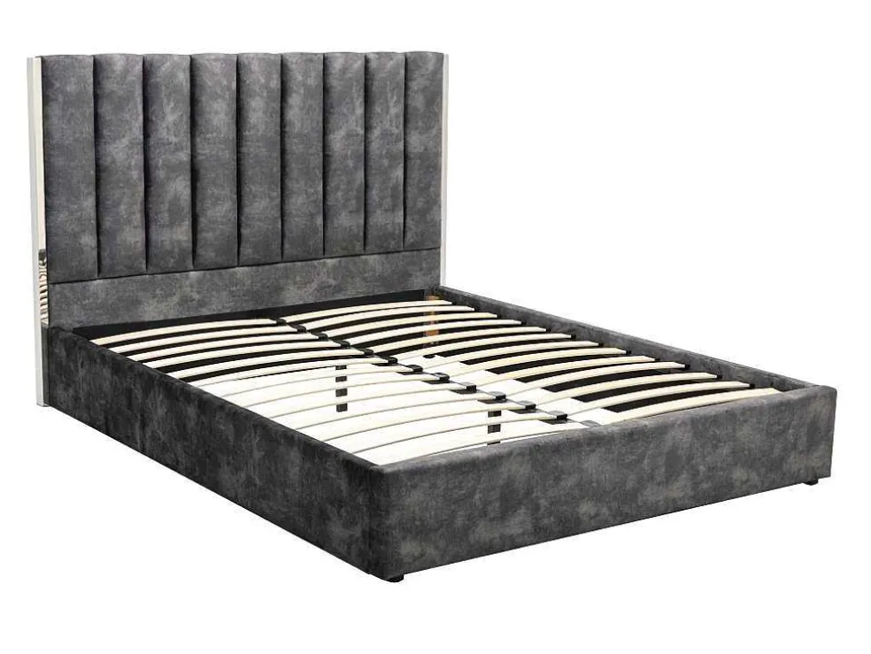Bed 140 X 190 Cm Met Hoofdbord Met Verticale Stiksels - Velours - Antraciet - Feroya