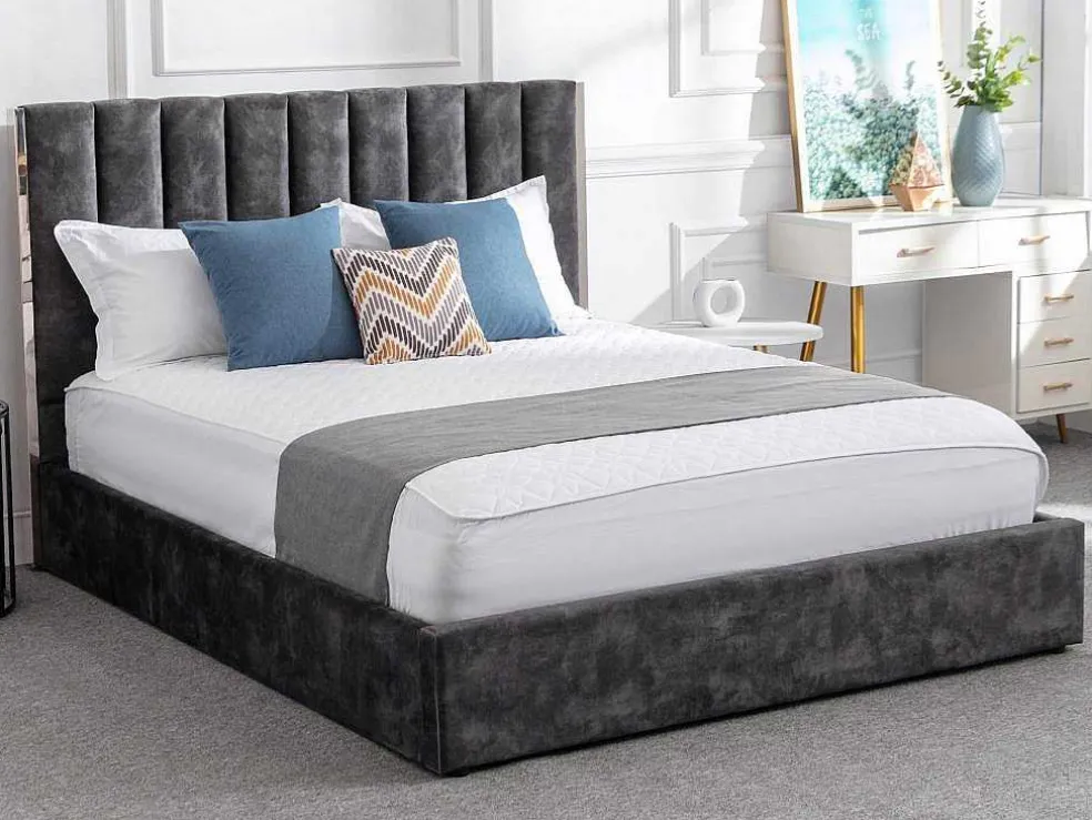 Bed 140 X 190 Cm Met Hoofdbord Met Verticale Stiksels - Velours - Antraciet - Feroya