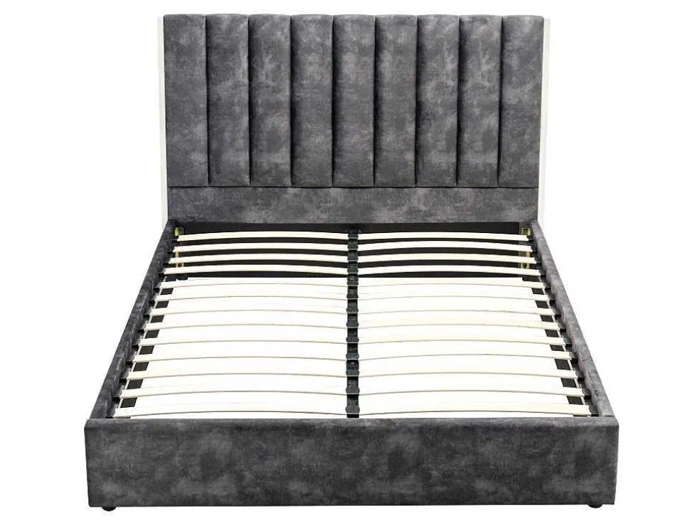 Bed 140 X 190 Cm Met Hoofdbord Met Verticale Stiksels - Velours - Antraciet - Feroya
