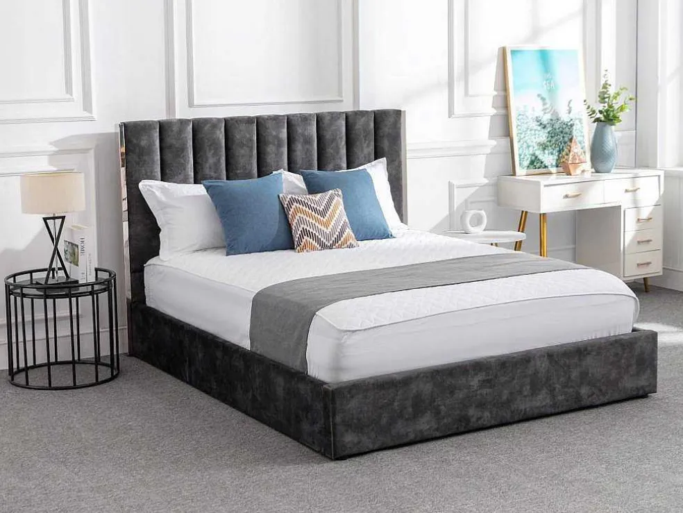 Bed 140 X 190 Cm Met Hoofdbord Met Verticale Stiksels - Velours - Antraciet - Feroya