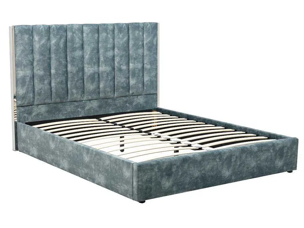 Bed 160 X 200 Cm Met Hoofdbord Met Verticale Stiksels - Velours - Groenblauw - Feroya