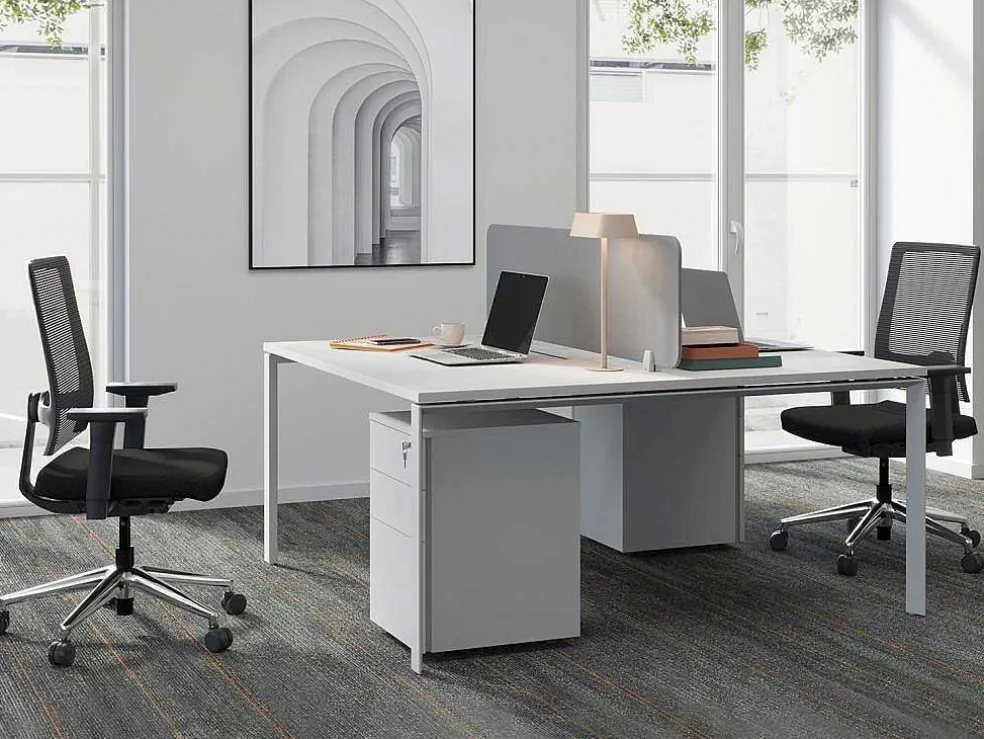 Benchbureau Voor 2 Personen - Wit - L140 Cm - Met Afscheiding - Downtown