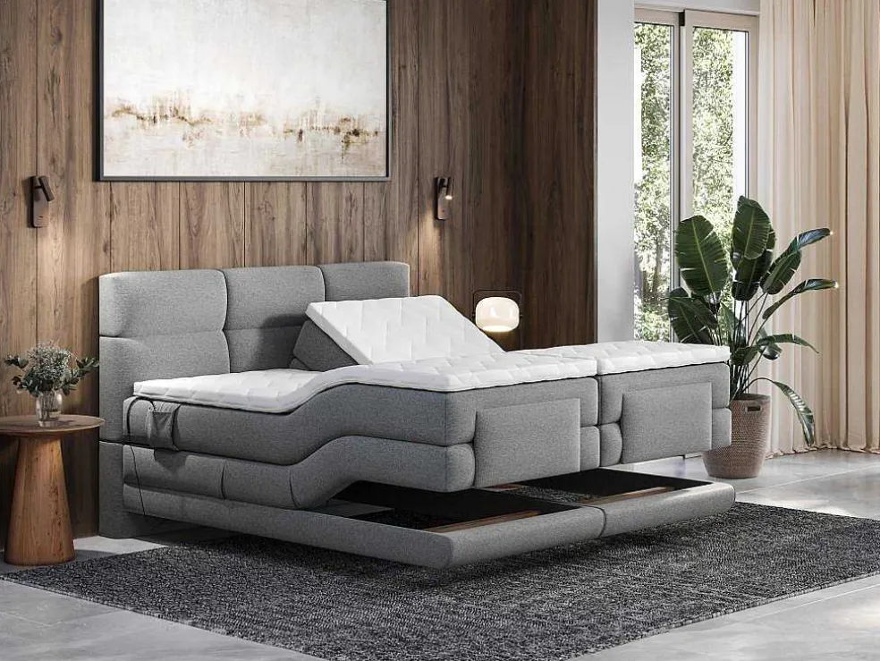 Boxspring-Hoofdbord + Elektrische Lattenbodem + Matras + Opleg - 2 X 90 X 200 Cm - Lichtgrijs - Lodi Van Palacio