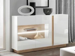 Buffetkast Murari - 3 Deuren - Met Ledverlichting - Hoogglans Wit En Eiken