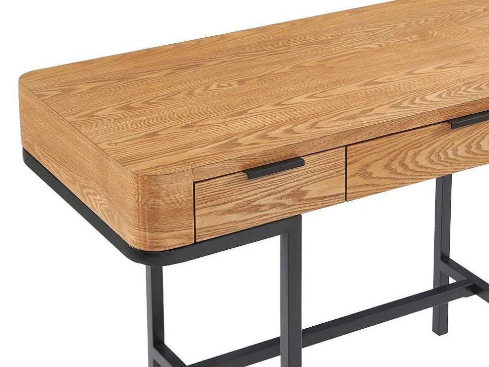 Bureau Met 3 Lades - Mdf En Metaal - Naturel En Goudkleurig - Lisela