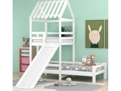 Cabine Stapelbed Met Glijbaan - 90X200Cm + 90X100Cm - Massief Grenen - Wit
