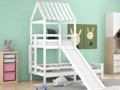 Cabine Stapelbed Met Glijbaan - 90X200Cm + 90X100Cm - Massief Grenen - Wit