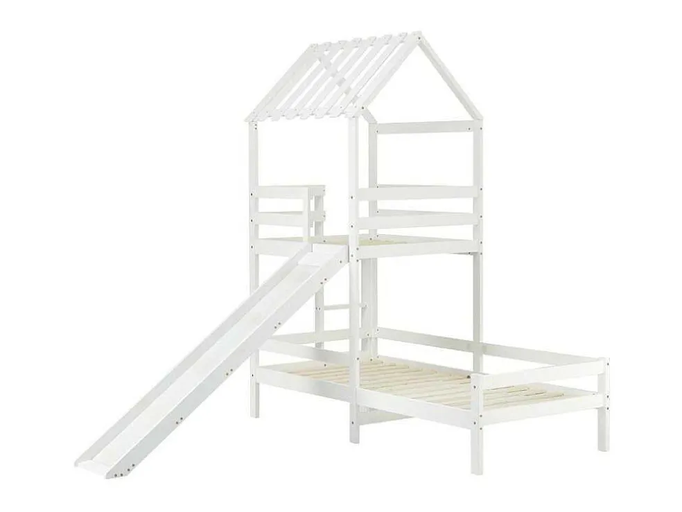 Cabine Stapelbed Met Glijbaan - 90X200Cm + 90X100Cm - Massief Grenen - Wit