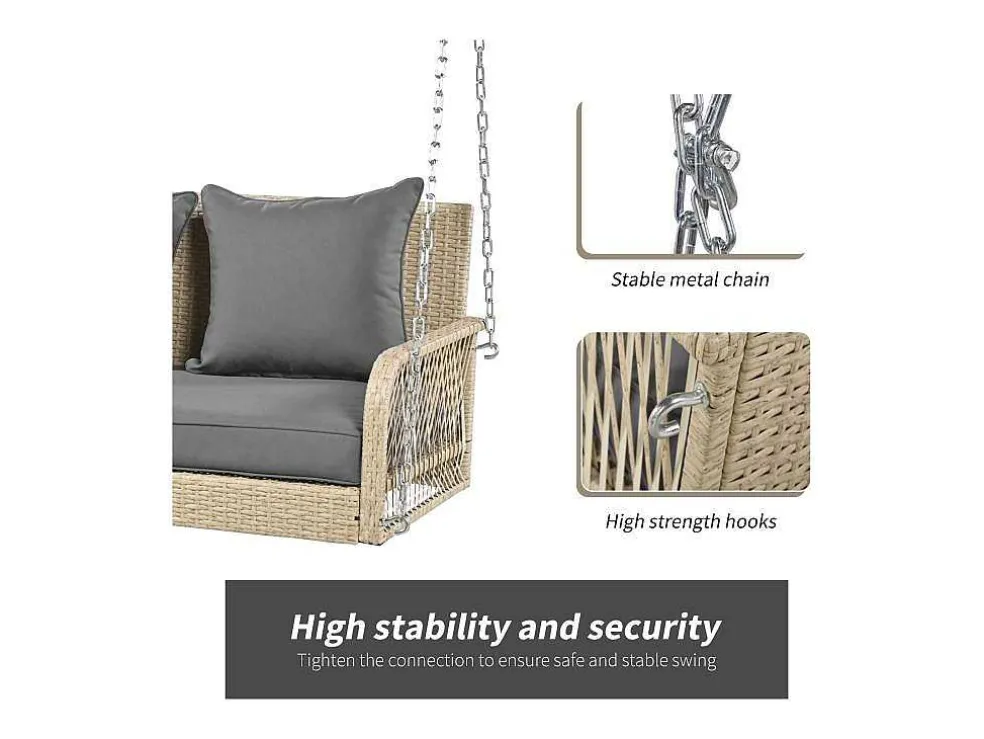 114 Cm Hangstoel In Pe Rotan - 2 Plaatsen - 11 Cm Gecapitonneerd Zitkussen - Beige + Grijs