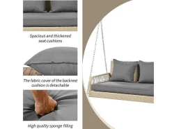 114 Cm Hangstoel In Pe Rotan - 2 Plaatsen - 11 Cm Gecapitonneerd Zitkussen - Beige + Grijs