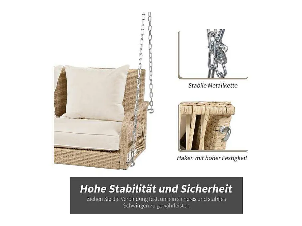 114 Cm Hangstoel In Pe Rotan - 2 Plaatsen - 11 Cm Gewatteerd Zitkussen - Beige