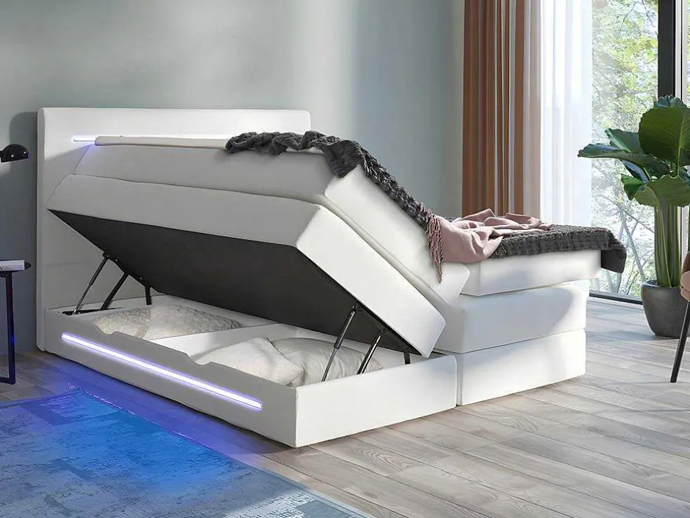 Complete Boxspring Met Hoofdeinde Met Leds, Bedbodem Met Opbergruimte, Matras En Dekmatras - Wit - Kunstleer - 160 X 200 Cm - Keros Van Dreamea