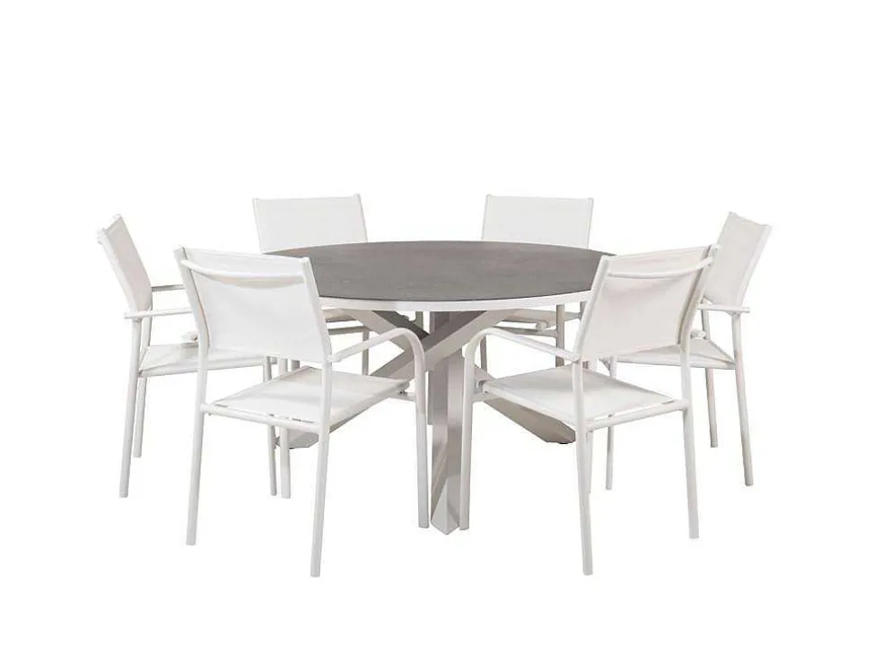 Copacabana Tuinmeubelset Tafel O140Cm En 6 Stoel Santorini Wit, Grijs, Cremekleur.