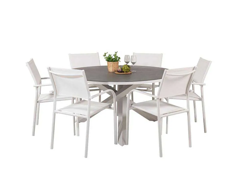 Copacabana Tuinmeubelset Tafel O140Cm En 6 Stoel Santorini Wit, Grijs, Cremekleur.