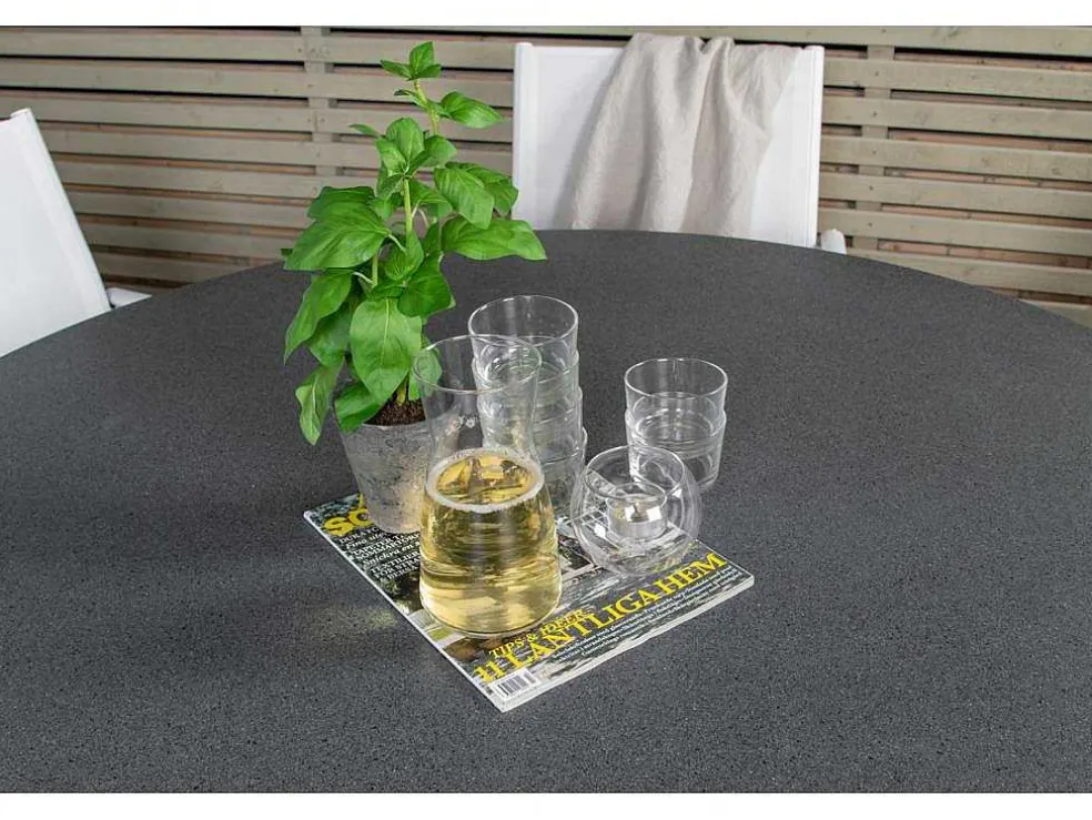 Copacabana Tuinmeubelset Tafel O140Cm En 6 Stoel Santorini Wit, Grijs, Cremekleur.